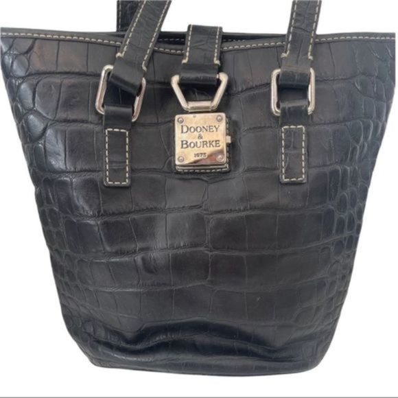 Dooney & Bourke Black Leather Crocodile Shoulder Bag Bucket Tote - Picture 2 of 5
